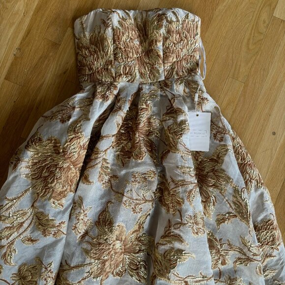 NWT | Mac Duggal Strapless Brocade Fit And Flare Midi Ivory Bronze Dress #20716 - Picture 3 of 7